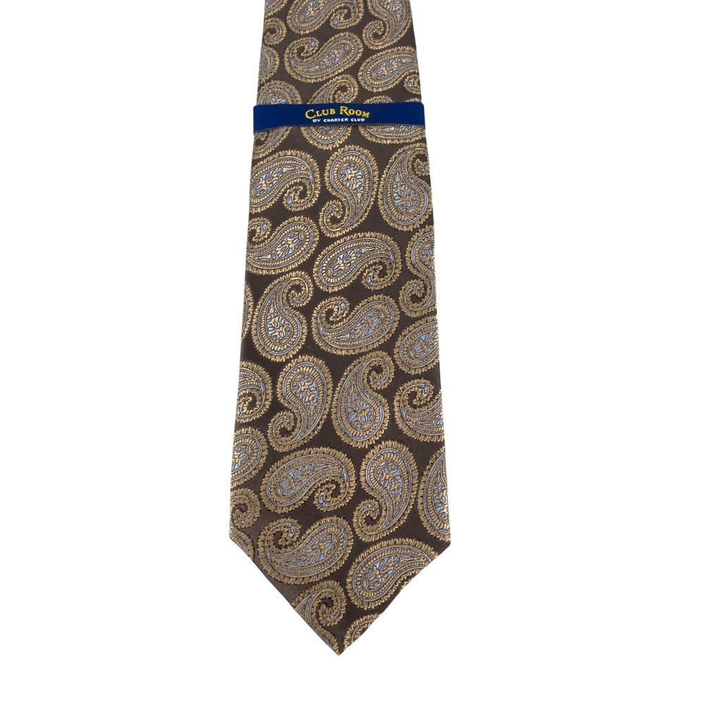 Club Room Mens Tie Paisley Brown Gold Blue Designer 100% Silk NWT 58x4